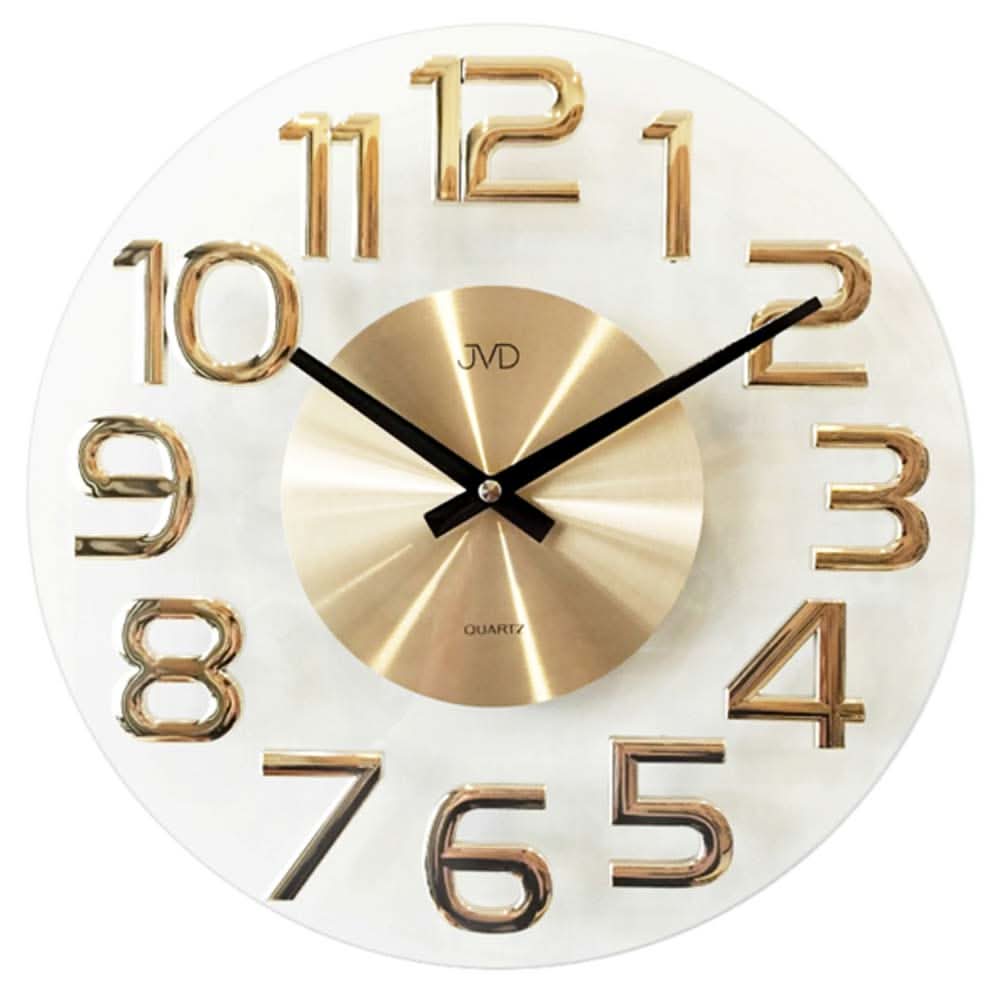 Orologio da parete rotondo in vetro con numeri dorati, due lancette e marchio centrale JVD