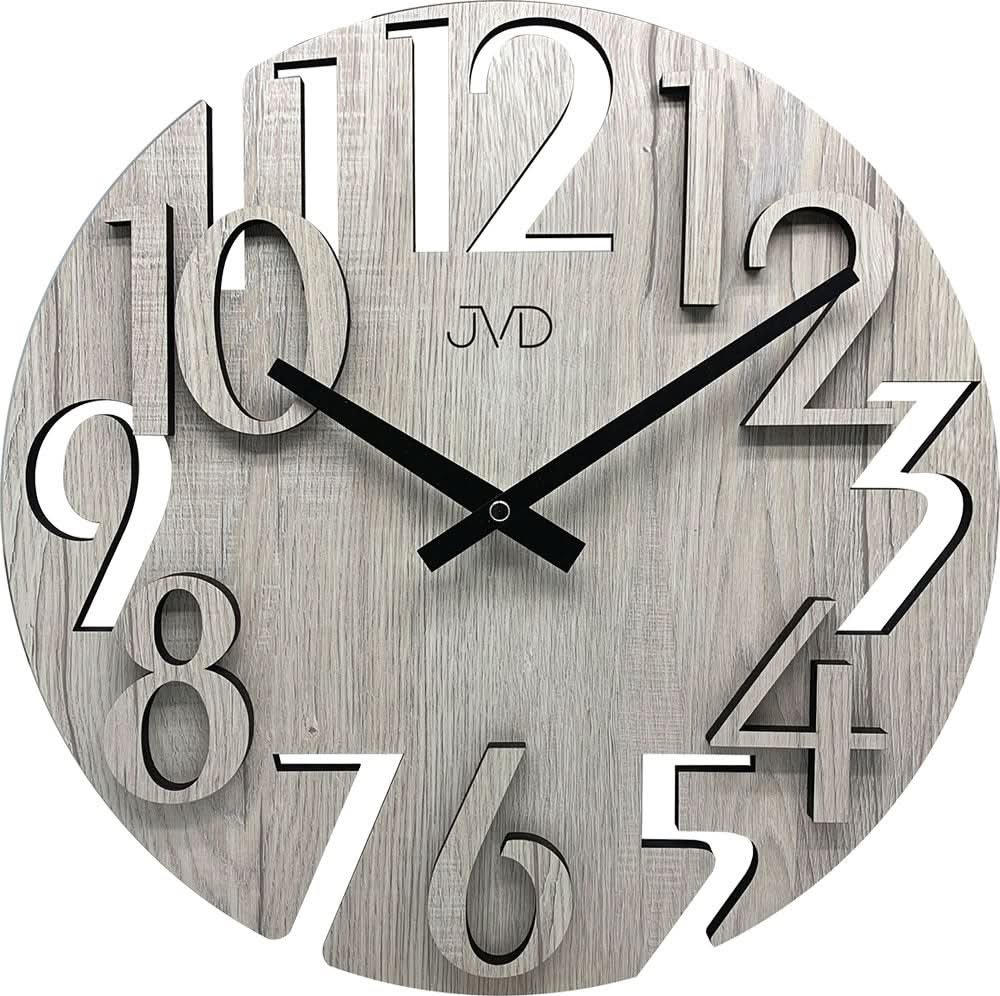 Orologio da parete rotondo in legno con numeri grandi e lancette nere, JVD