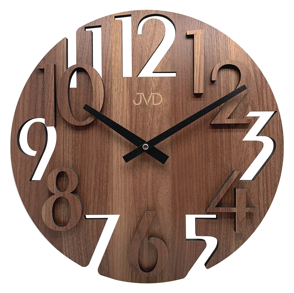 Orologio da parete in legno con quadrante rotondo, numeri grandi e lancette nere, JVD
