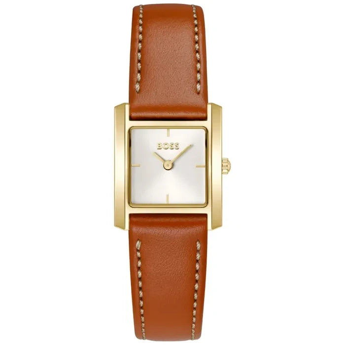 BOSS Lucy Scala 1502846 Damen Armbanduhr Goldfarben • Mineralglas • Lederarmband Braun