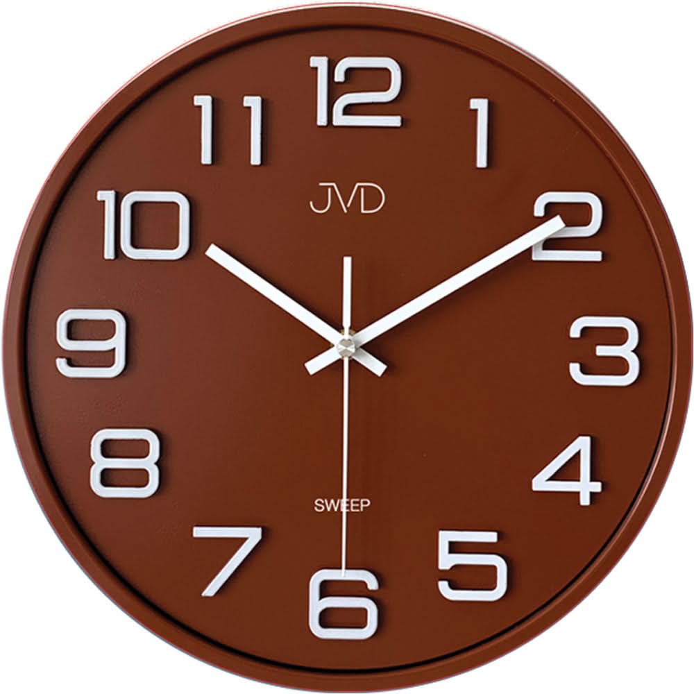 Orologio da parete rotondo con quadrante marrone, numeri e lancette bianchi, logo JVD