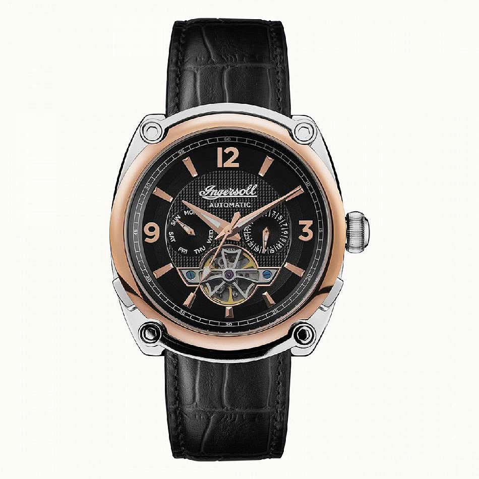 Orologio da uomo con quadrante nero e cinturino in pelle nera, design scheletrato