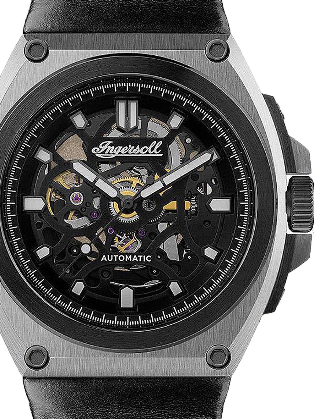 Ingersoll The Motion I11702B Herren Automatik • Schwarzes Lederarmband • Mineralglas