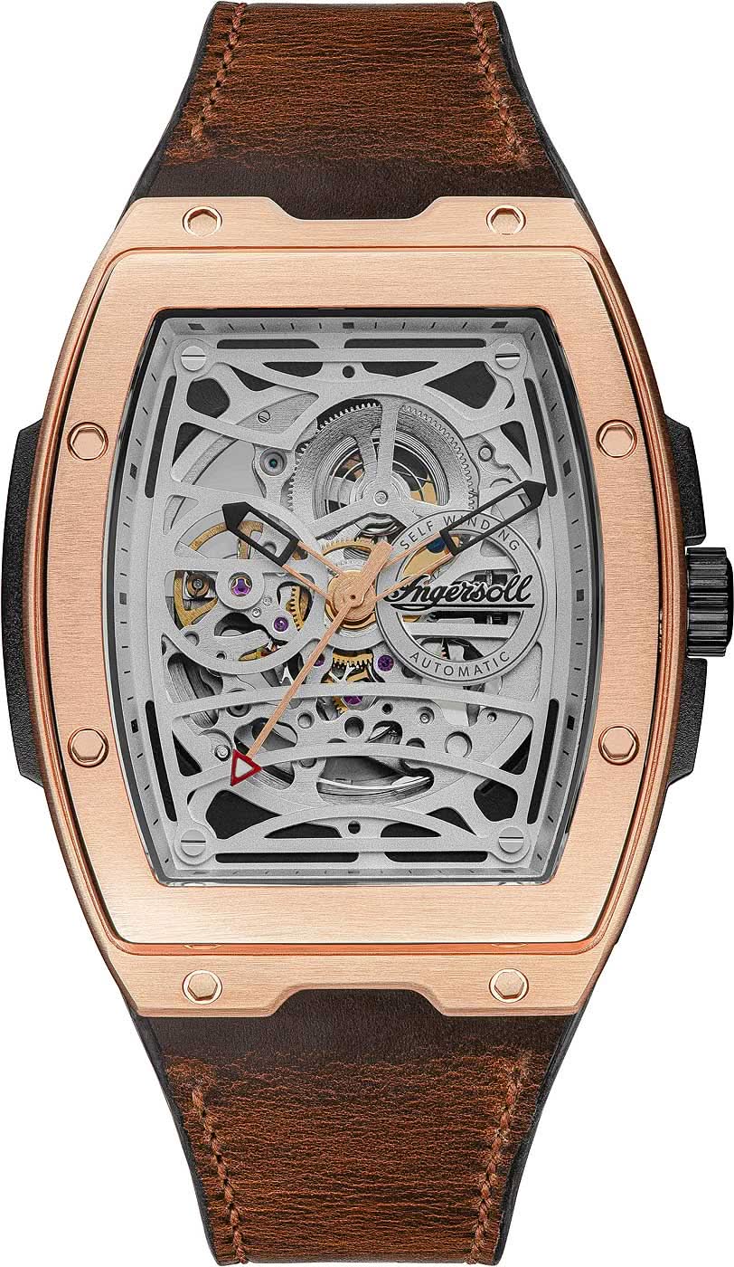 Orologio da uomo con cinturino in pelle marrone, quadrante scheletro a vista e lunetta color oro rosa