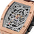 Orologio da uomo con cinturino in pelle marrone e lunetta color oro rosa, movimento scheletrato con logo