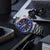 Orologio da uomo con quadrante blu, cronografo, cinturino in acciaio inossidabile e corona