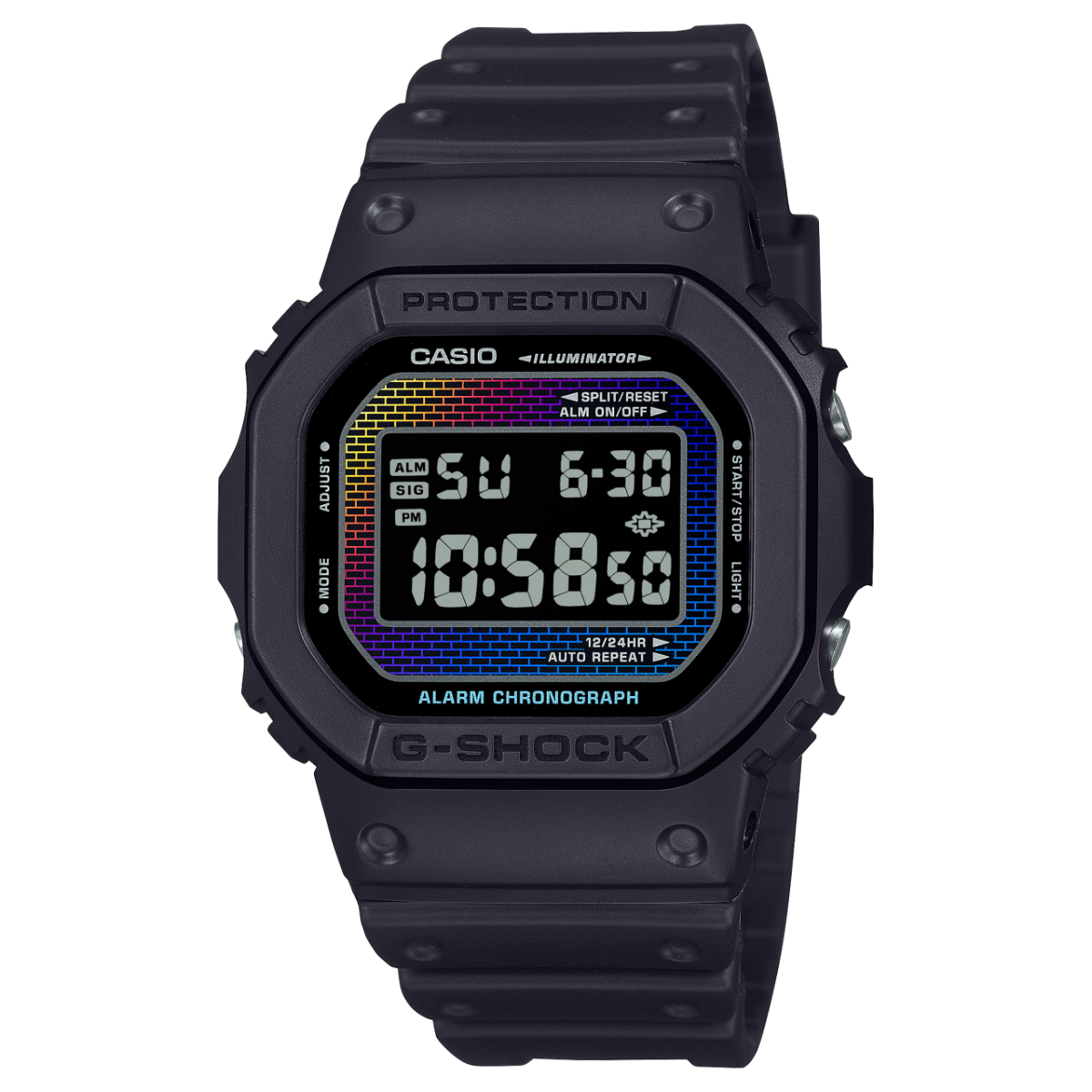 Casio DW-5600RW-1ER G-Shock Herrenuhr Schwarz/Regenbogen • Regenbogen-Dampfbeschichtung • Digitales Ziegelwandmuster