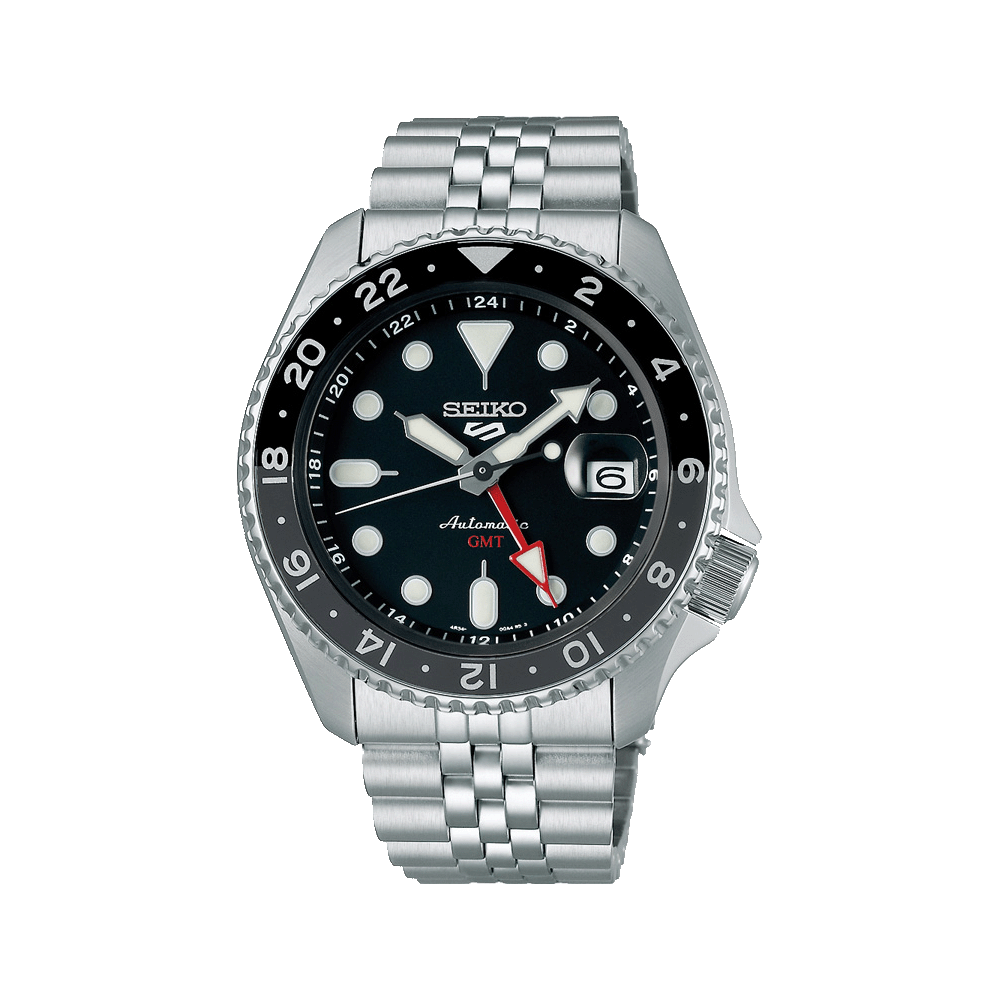 Seiko Herrenuhr mit silbernem Edelstahlband und schwarzem Zifferblatt, GMT-Anzeige