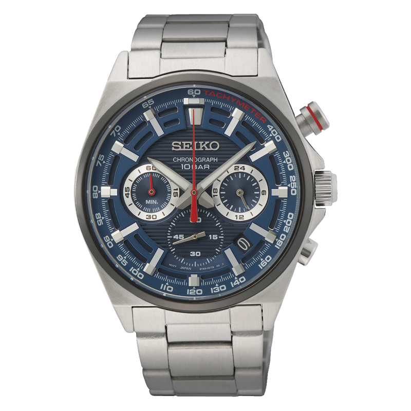 Herrenuhr mit blauem Zifferblatt, Chronographen-Design und Tachymeterskala, Edelstahlband