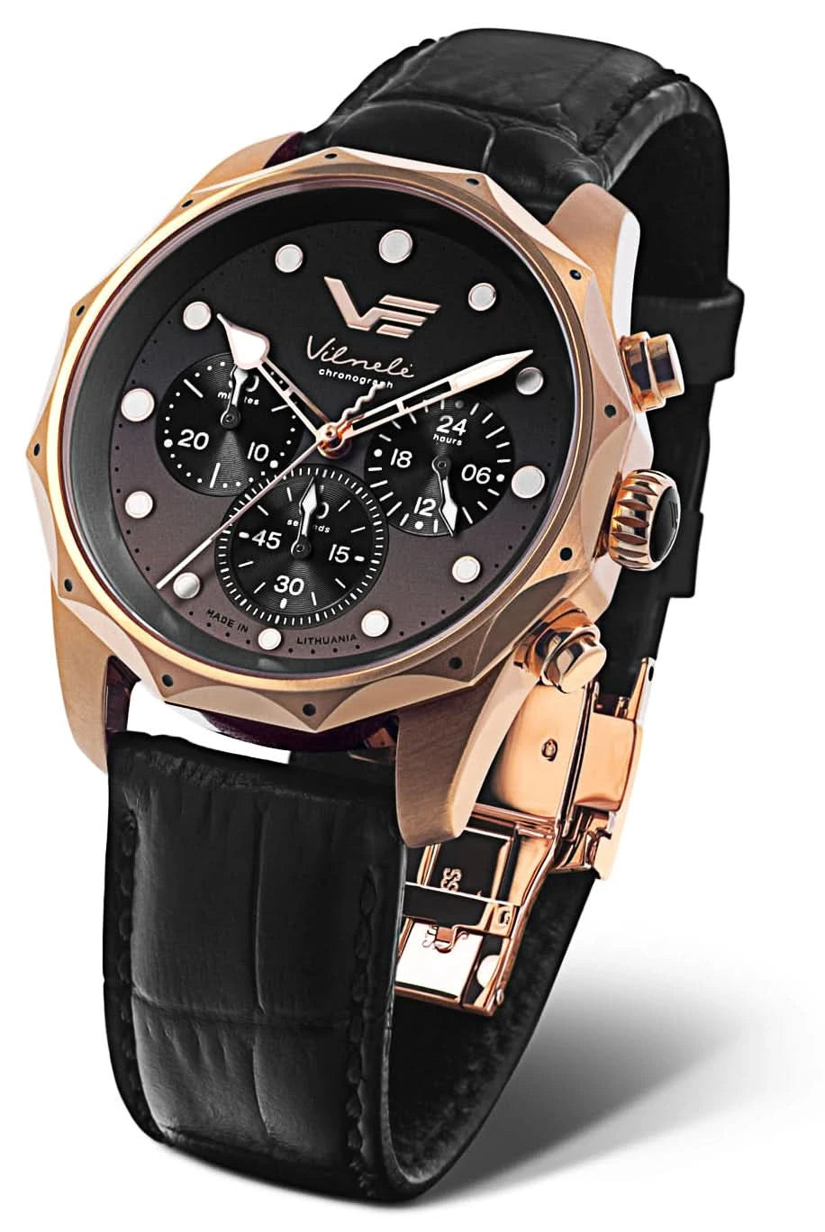 Orologio da donna con quadrante nero, lunetta color oro rosa e cinturino in pelle