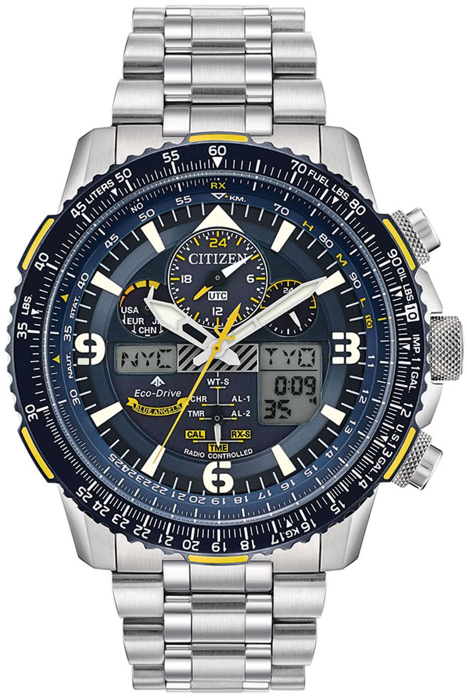 Herrenuhr mit blauem Zifferblatt, Chronographen-Optik und silbernem Edelstahlband