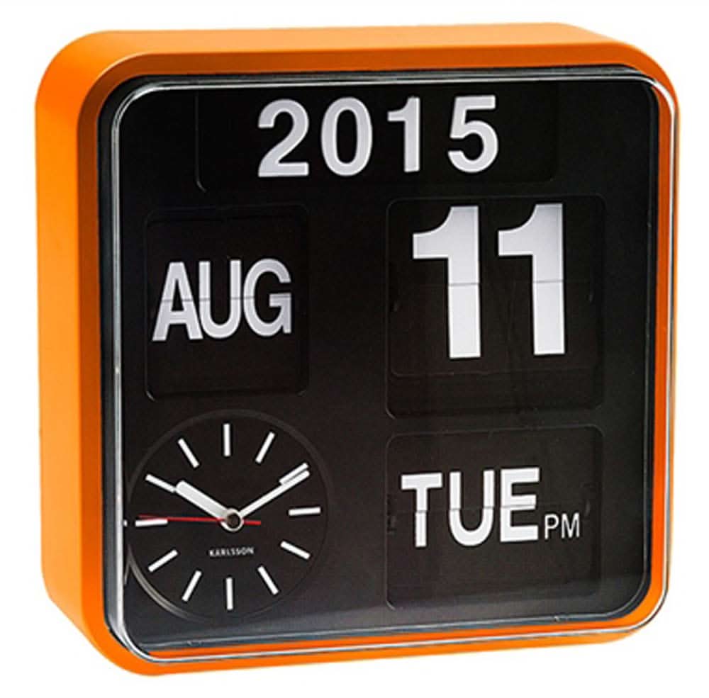 Orologio da parete con datario a flip, cornice arancione, 11 ago 2015, lancette dell'orologio