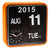 Orologio da parete con datario a flip, cornice arancione, 11 ago 2015, lancette dell'orologio