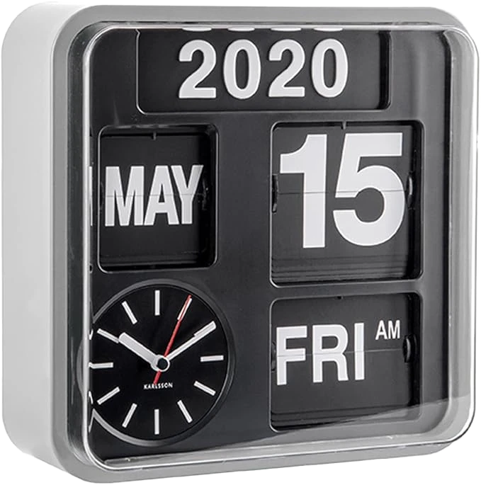 Orologio da parete Karlsson con quadrante nero, datario 2020, MAY e 15, orologio a lancette