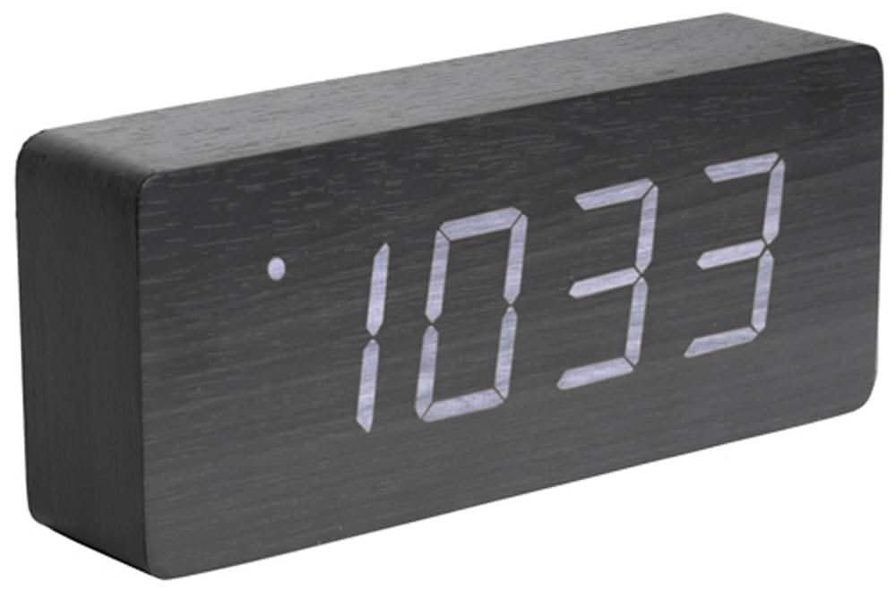 Sveglia digitale con cassa in legno e cifre a LED, display 10:33.