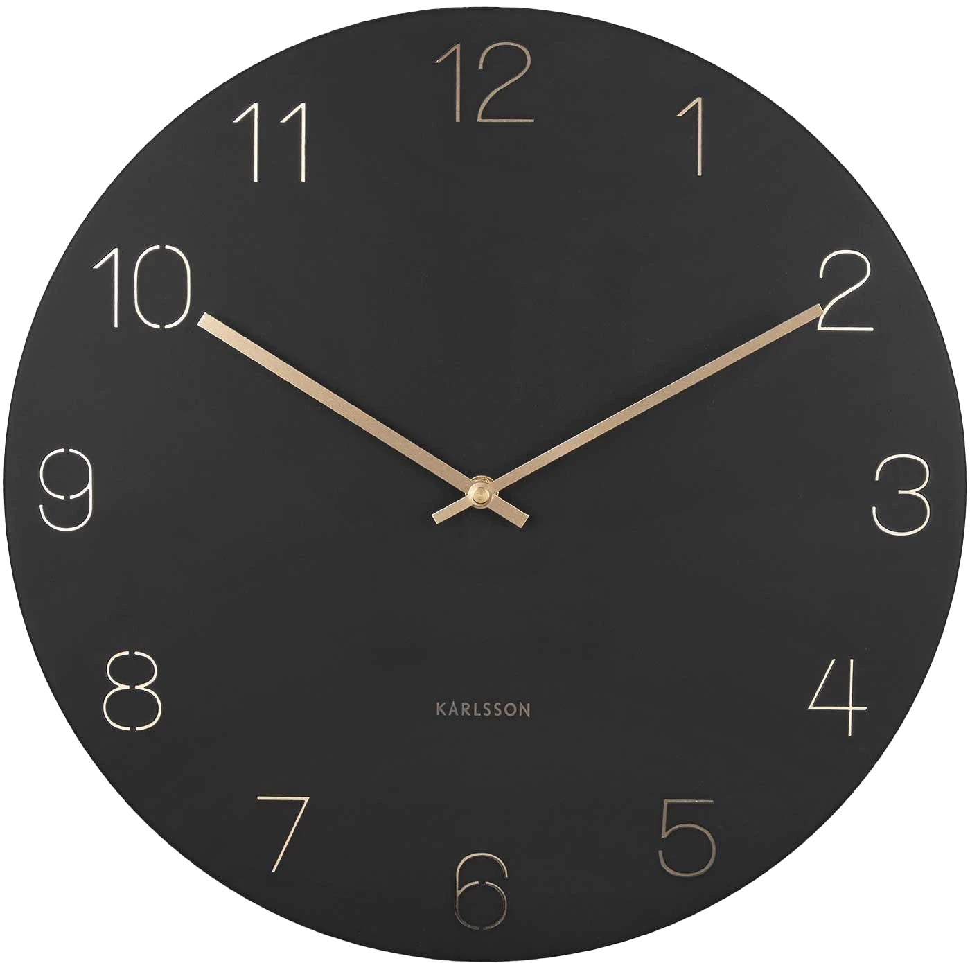 Orologio da parete Karlsson con quadrante nero, lancette dorate e numeri arabi