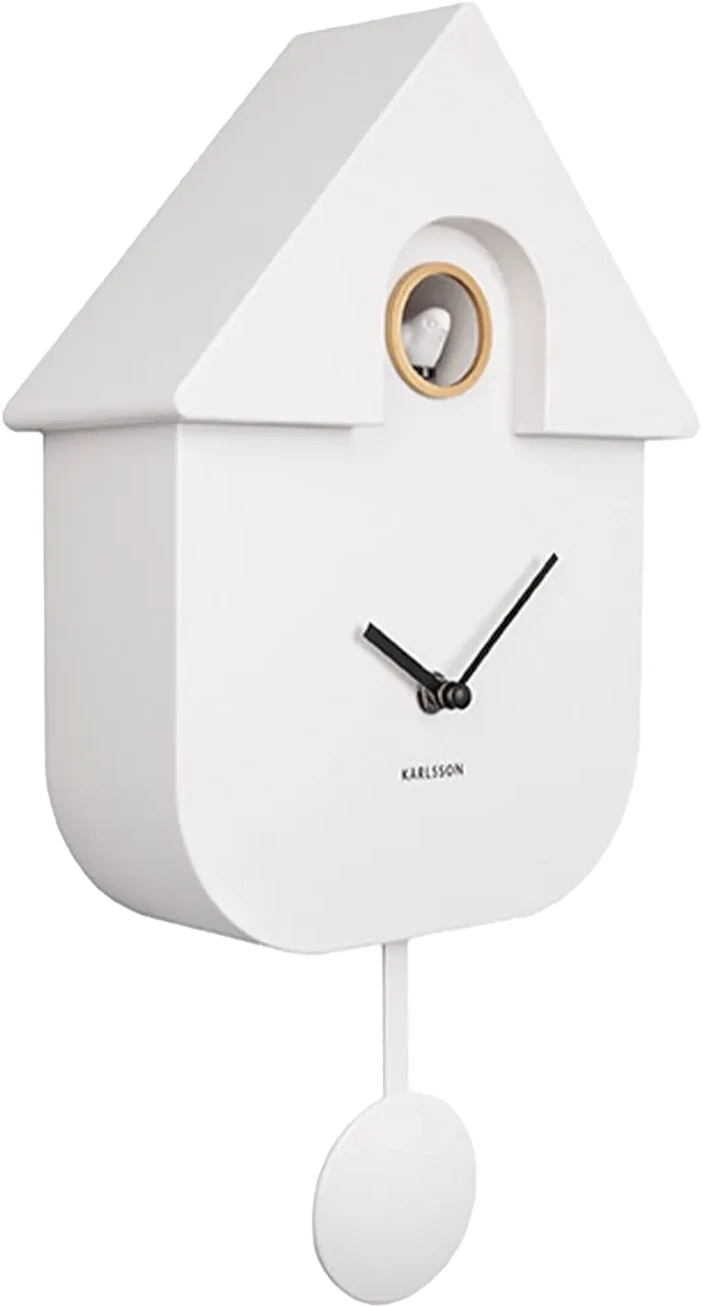 Karlsson Wanduhr in Hausform, weiß, goldene Öffnung, Zeiger und Pendel