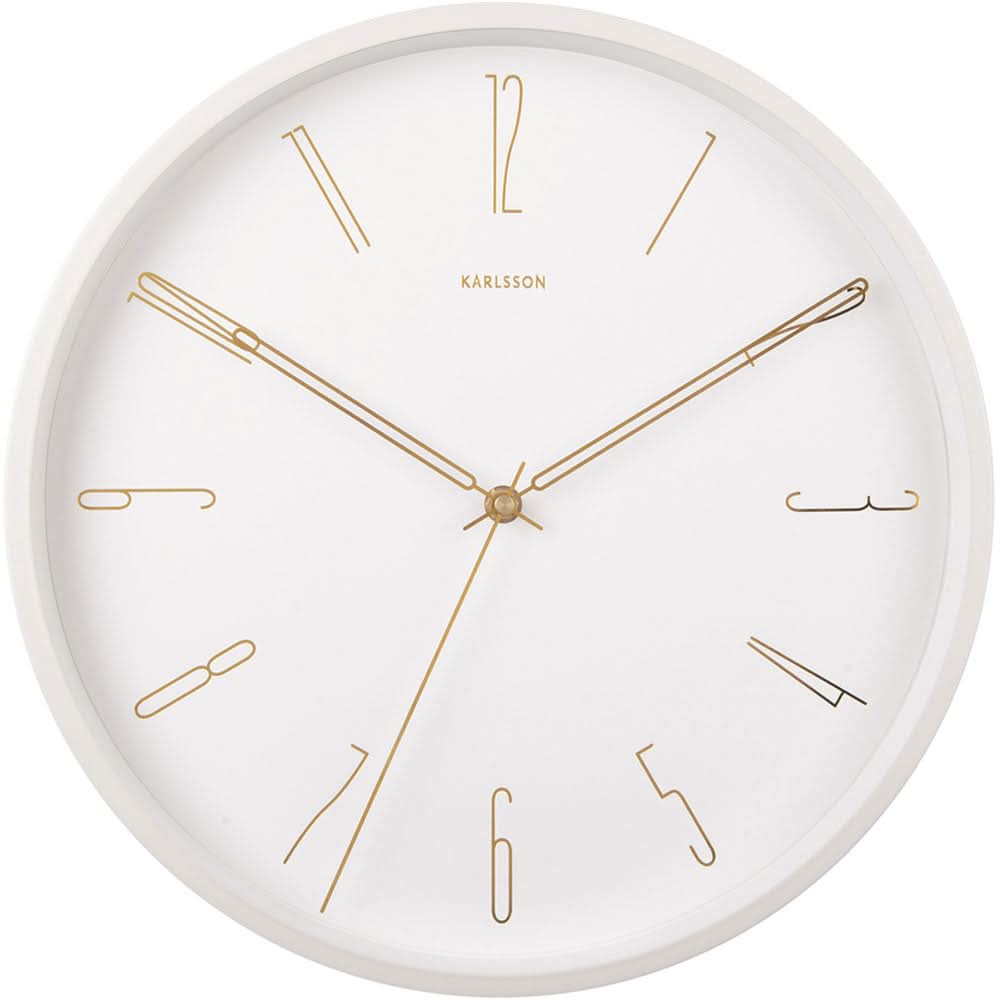 Runde Karlsson-Wanduhr mit weißem Ziffernblatt und goldenen Zeigern