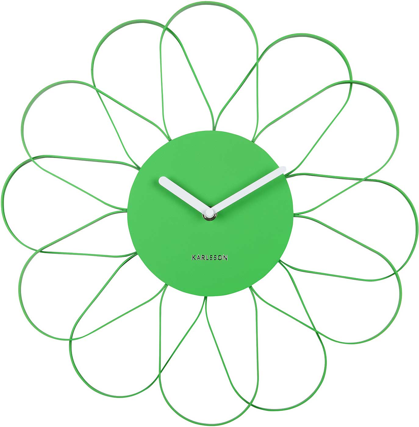 Wanduhr mit grünem Blütenrad-Design und weißen Zeigern, Karlsson-Schriftzug