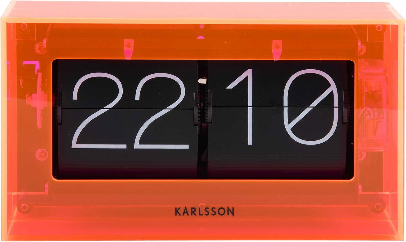 Acryl-Tischuhr mit Flip-Ziffern, orangefarbenes Gehäuse, Anzeige 22 und 10