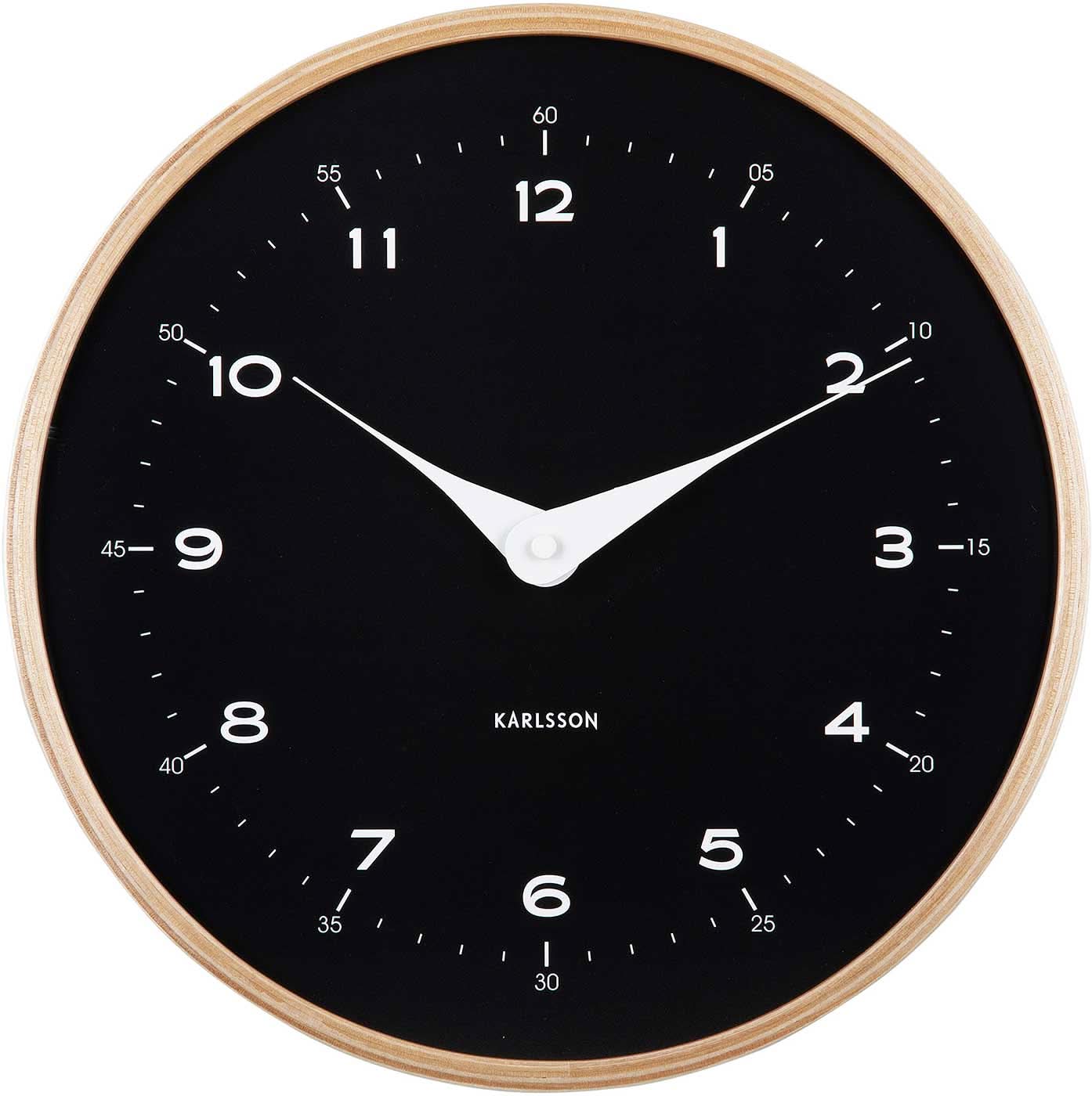 Orologio da parete in legno con quadrante nero, lancette e indici bianchi, Ø 30 cm