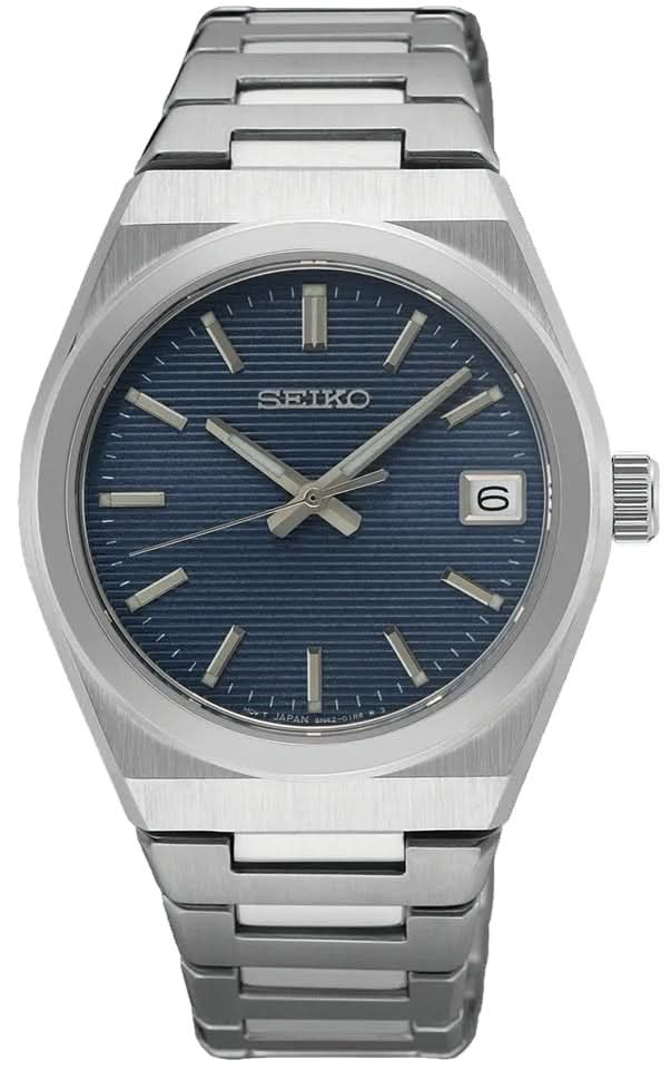 Orologio da donna Seiko con quadrante blu, datario a ore 6, bracciale in acciaio inossidabile.