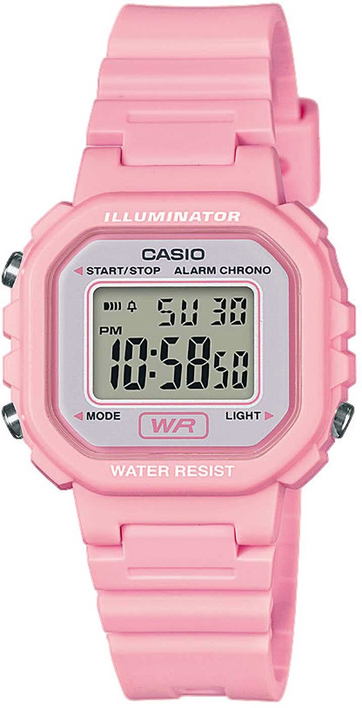 Orologio da donna con cinturino in plastica rosa e cassa rotonda, display digitale