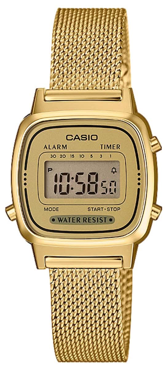 Orologio da donna con bracciale mesh color oro e display digitale, indicazione di sveglia e timer