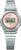 Orologio da donna con bracciale in metallo argentato, cassa rotonda e display digitale beige