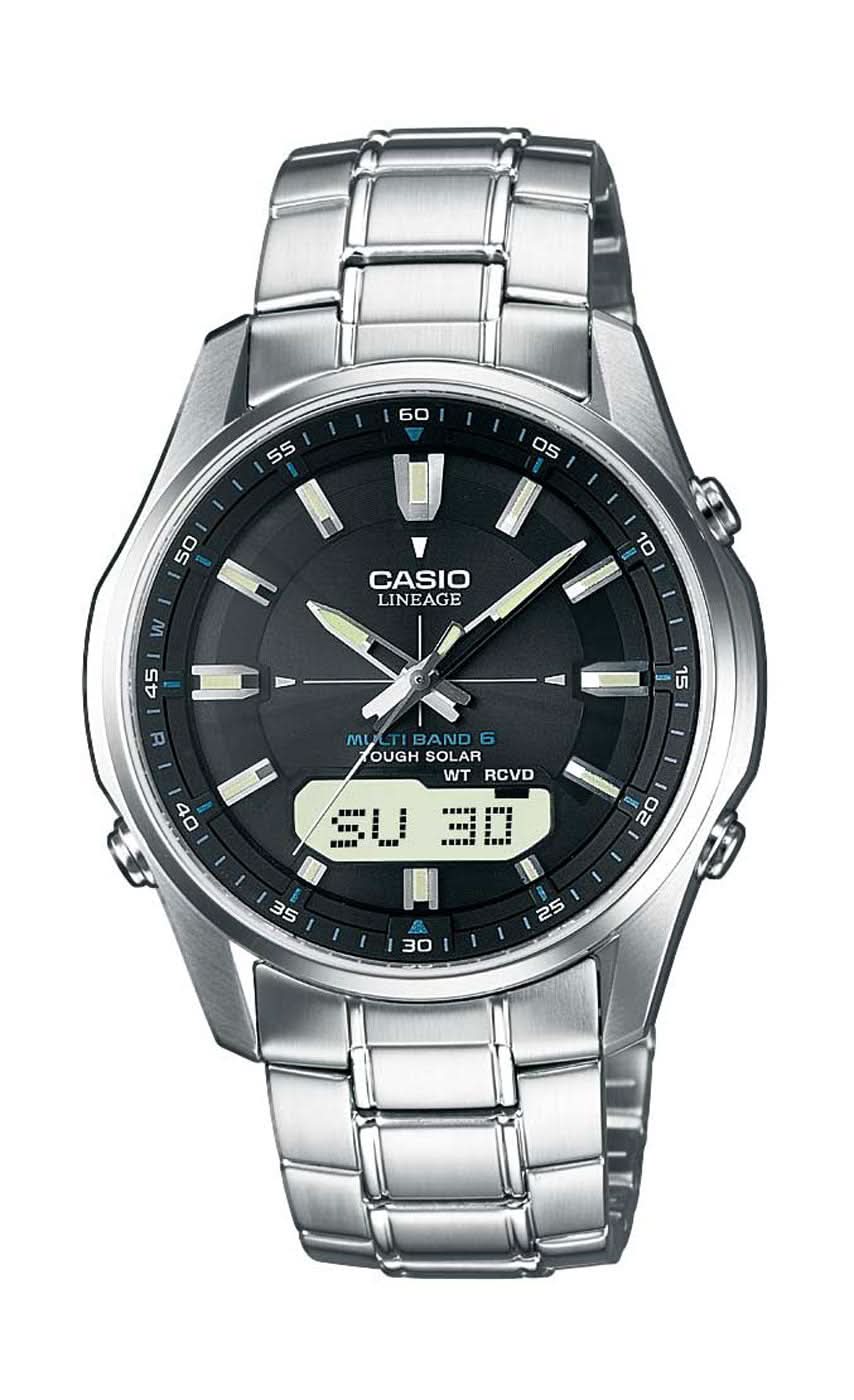 Orologio da uomo in argento con bracciale in metallo, quadrante rotondo nero e display digitale