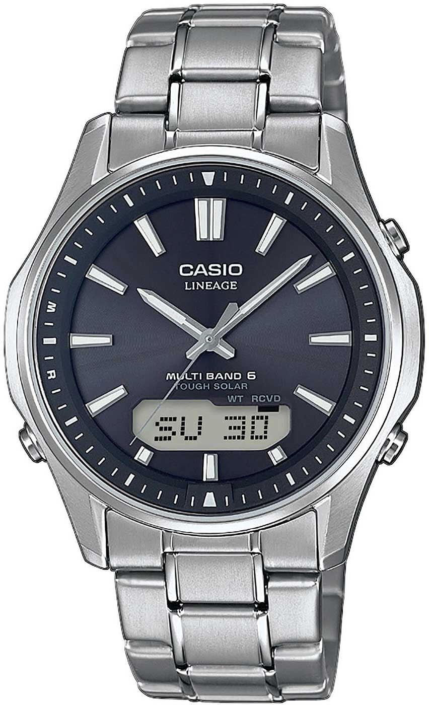 Casio Herrenarmbanduhr mit analogem blauem Zifferblatt und Metallband, Titanoptik
