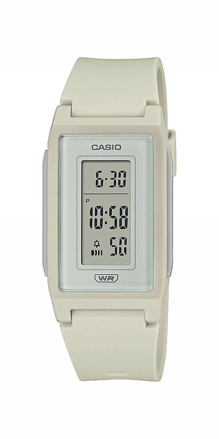 Casio Vintage-Uhr mit LED-Display und hellem Kautschukband, rechteckiges Gehäuse