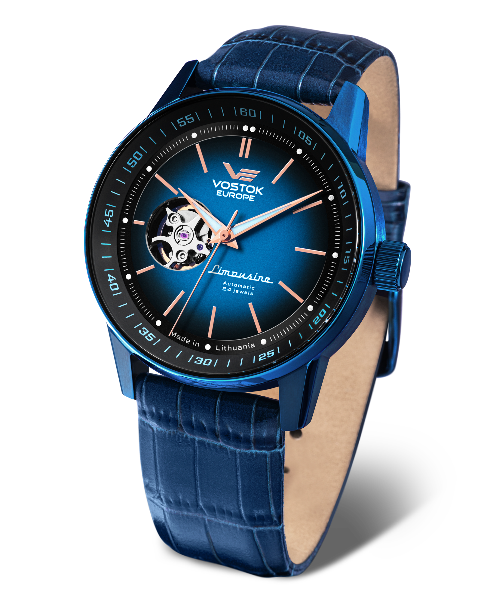 Orologio da uomo VOSTOK EUROPE con cinturino in pelle blu, cuore aperto e quadrante nero.