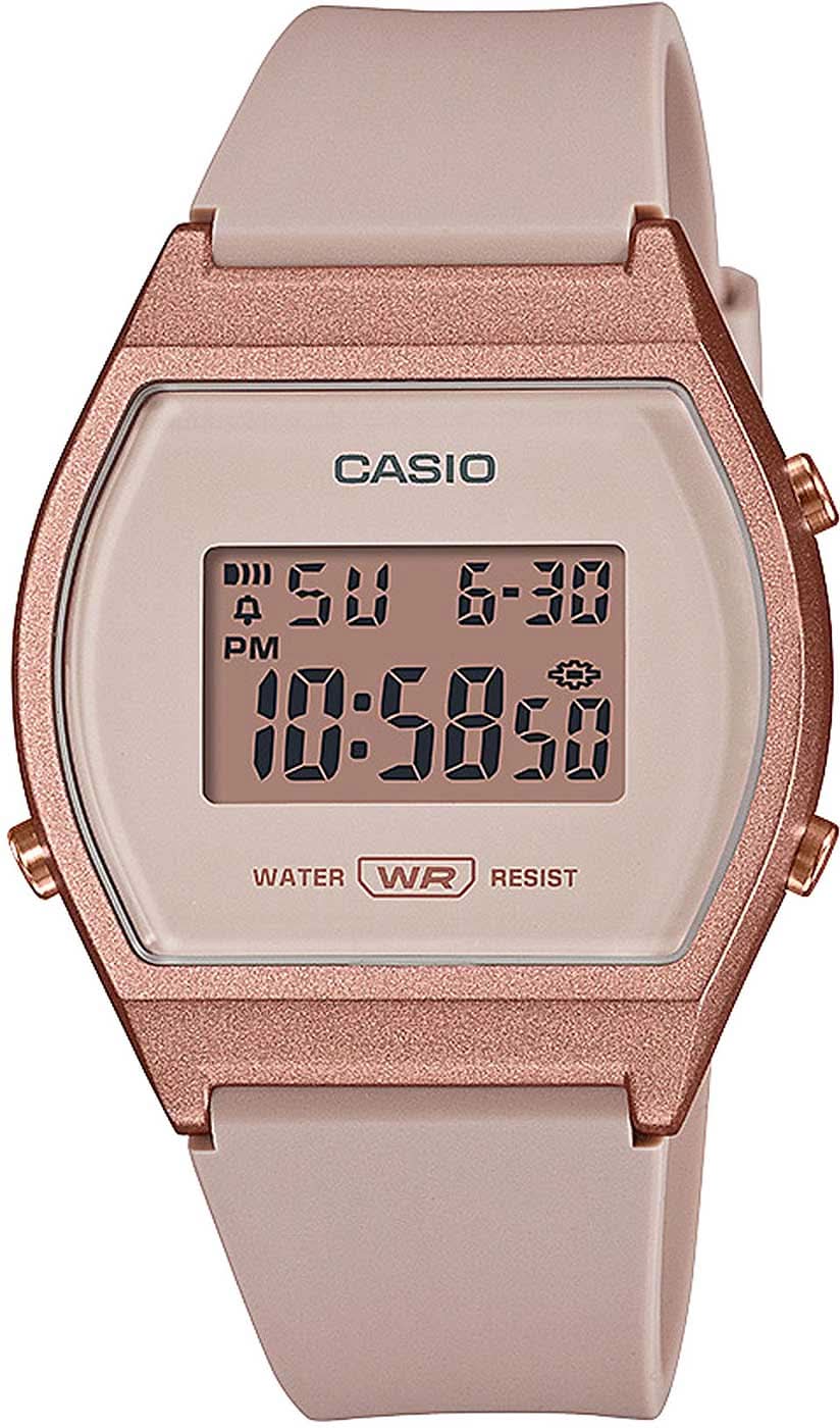 Casio Damenuhr mit digitalem Display, rosafarbenem Armband und Gehäuse