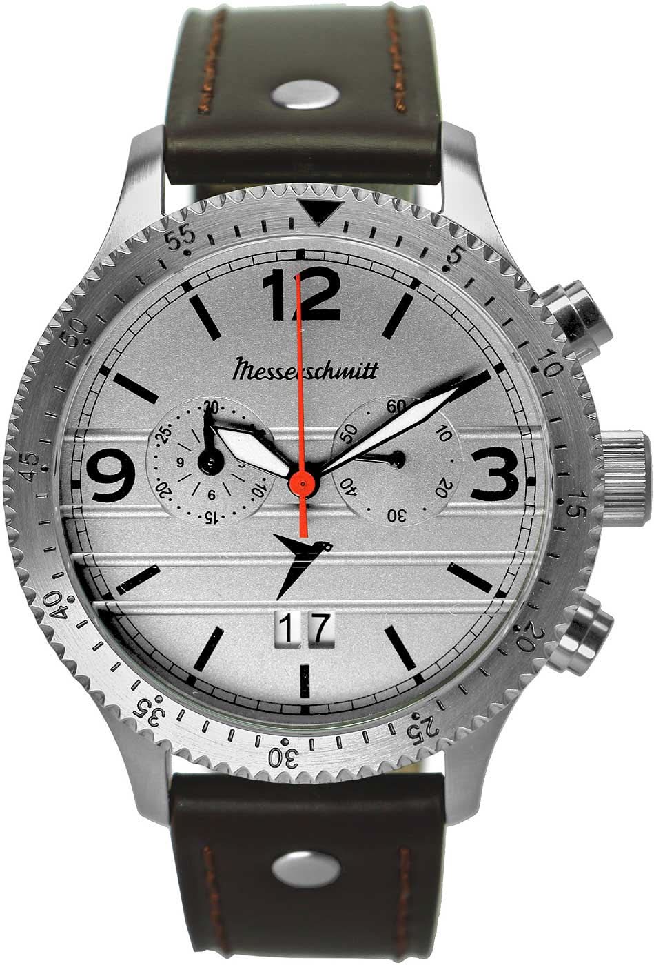 Orologio da uomo con quadrante argentato, cinturino in pelle marrone e dettagli cronografo