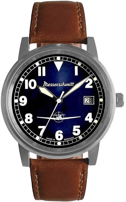 Orologio da uomo con cinturino in pelle marrone, quadrante scuro e accenti blu, datario