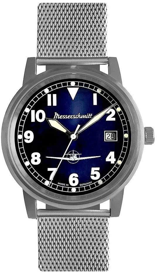 Orologio da aviatore Messerschmitt con quadrante scuro, numeri grandi e cinturino in metallo milanese