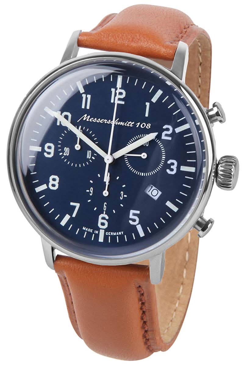 Orologio da uomo con cinturino in pelle marrone, quadrante blu scuro e lancette argentate