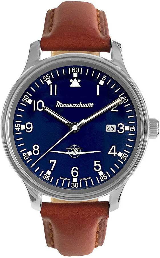 Orologio da aviatore Messerschmitt con quadrante blu, cinturino in pelle marrone e cassa in acciaio inossidabile