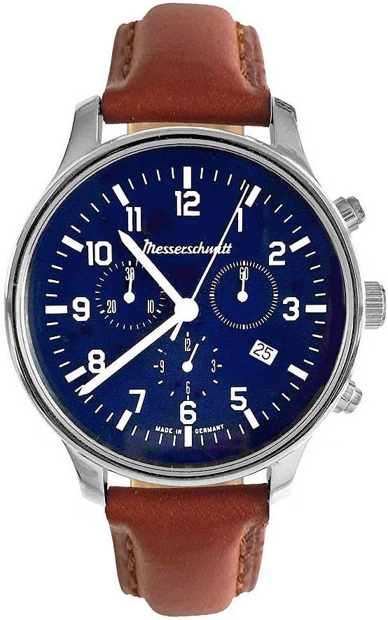 Orologio da uomo Messerschmitt ME42CH-L con quadrante blu e cinturino in pelle marrone