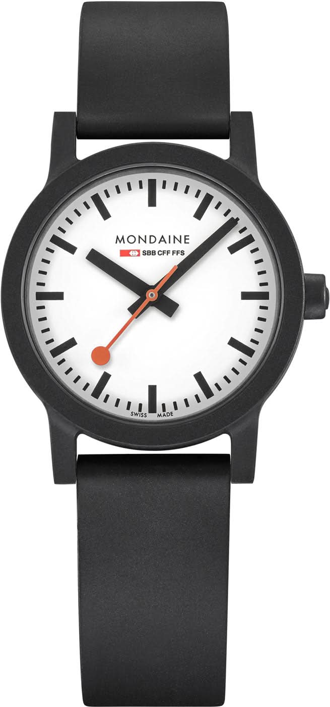 Mondaine Damenuhr mit schwarzem Gehäuse, weißem Zifferblatt und orangefarbenen Zeigern