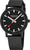 Mondaine-Uhr mit schwarzem Zifferblatt und schwarzem Armband, orangefarbener Sekunde