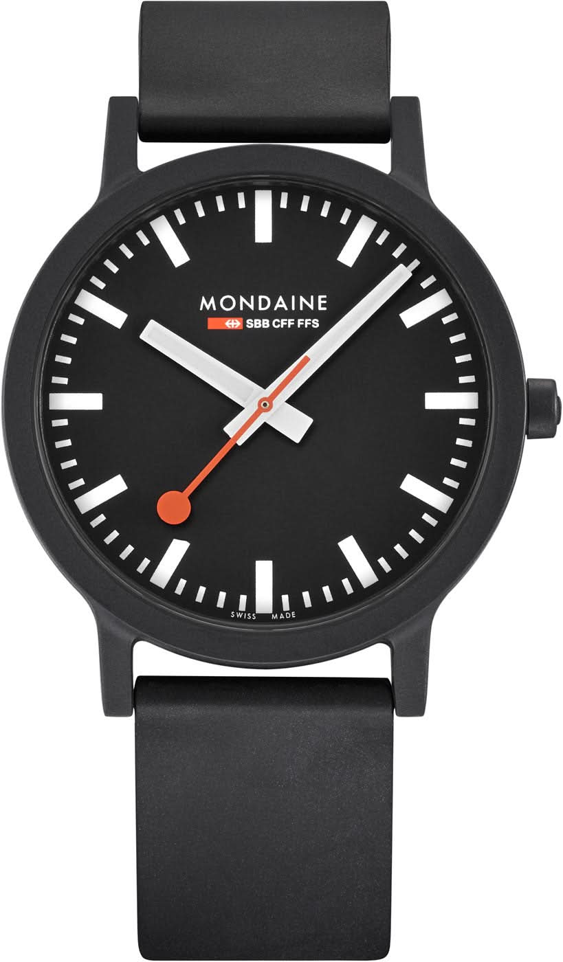 Mondaine-Uhr mit schwarzem Zifferblatt, schwarzen Zeigern und orangefarbener Sekunde