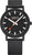 Mondaine-Uhr mit schwarzem Zifferblatt, schwarzen Zeigern und orangefarbener Sekunde