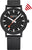 Mondaine-Uhr mit schwarzem Zifferblatt, schwarzem Armband und orangefarbener Sekunde