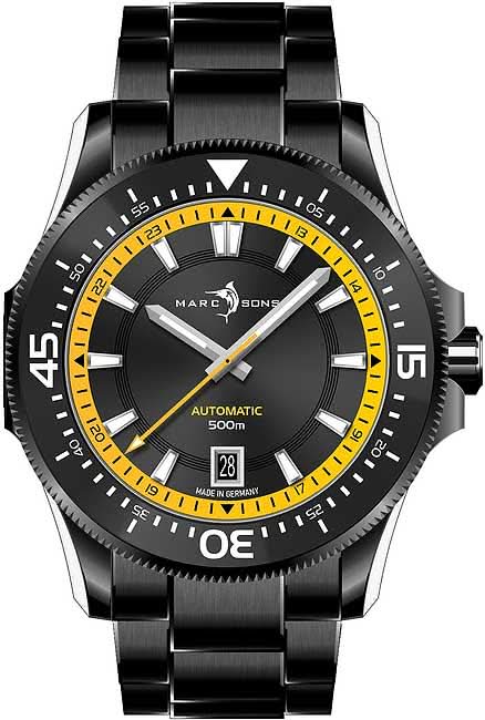 Orologio militare da uomo per immersioni con quadrante nero, accenti gialli e bracciale in metallo