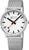 Mondaine Herrenuhr mit silbernem Maschenarmband und weißem Zifferblatt, roter Sekundenzeiger