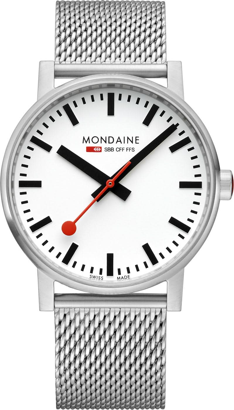Mondaine Herrenuhr mit silbernem Maschenarmband, weißem Zifferblatt und roten Zeigern