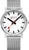 Mondaine Herrenuhr mit silbernem Maschenarmband, weißem Zifferblatt und roten Zeigern