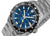 Orologio da uomo con quadrante blu, lunetta nera e indicatore GMT giallo.